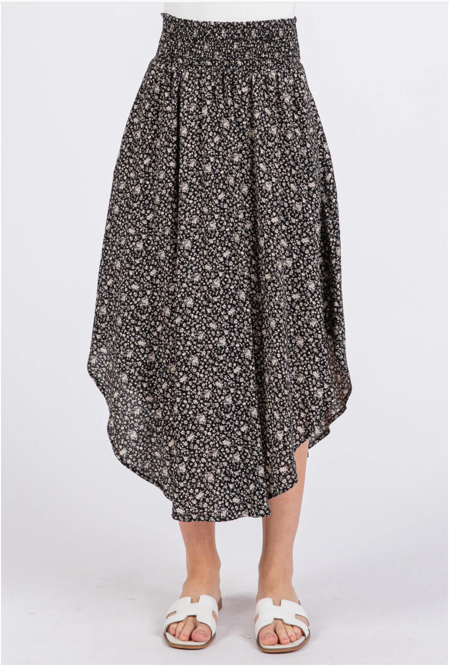 Black Floral Curve Hem Skirt