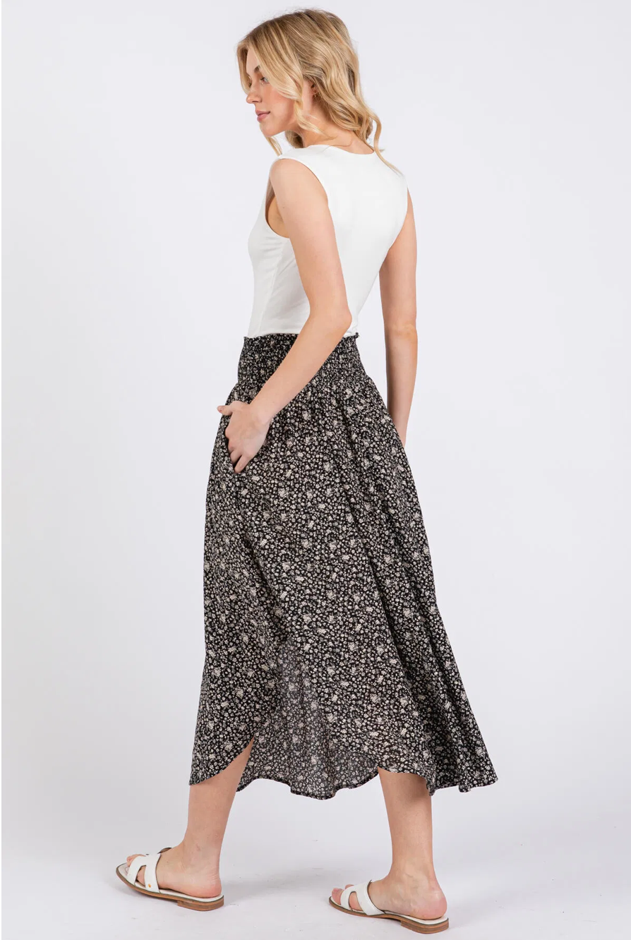 Black Floral Curve Hem Skirt