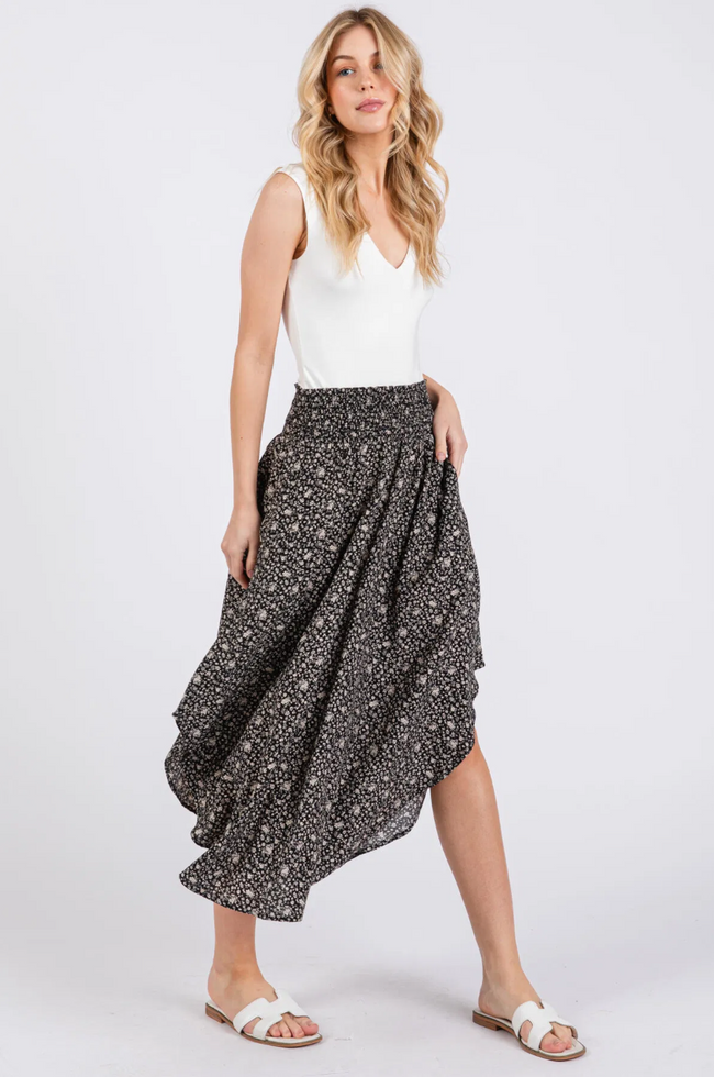 Black Floral Curve Hem Skirt