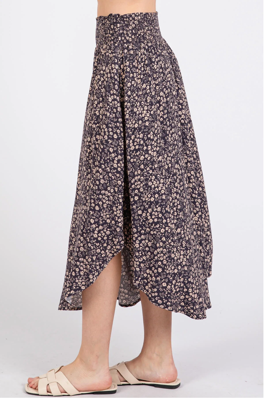 Plum Floral Curve Hem Skirt