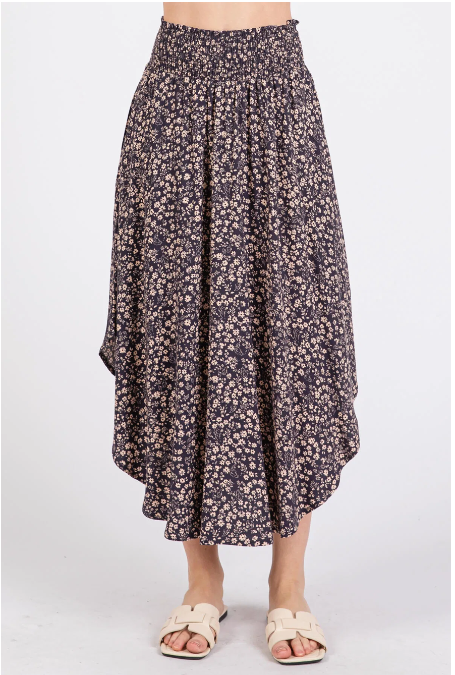 Plum Floral Curve Hem Skirt