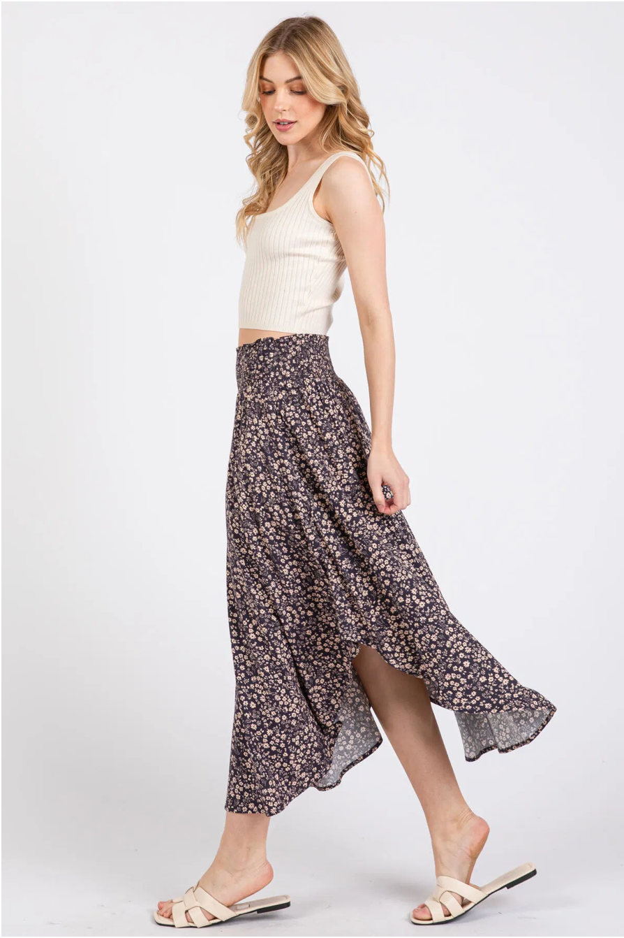 Plum Floral Curve Hem Skirt