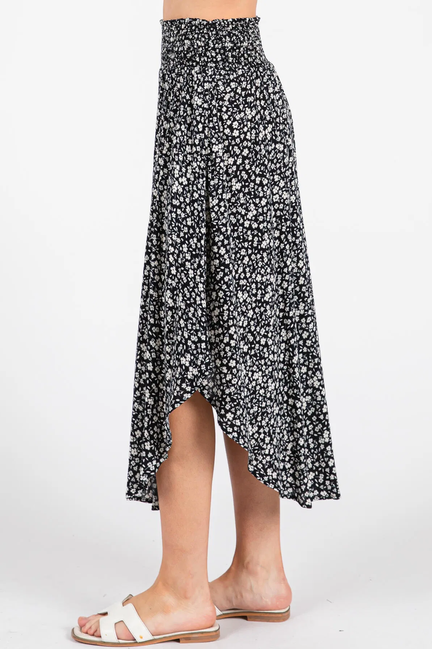Floral Rouched Waist Curve Hem Skirt