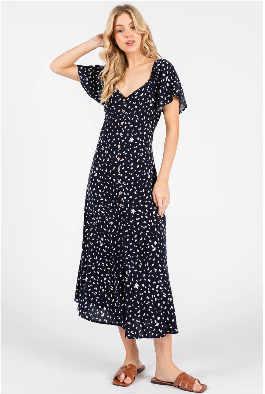 Navy Polka Dot Button Midi Dress