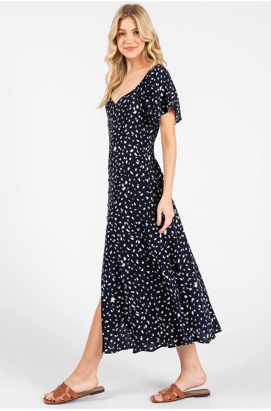 Navy Polka Dot Button Midi Dress