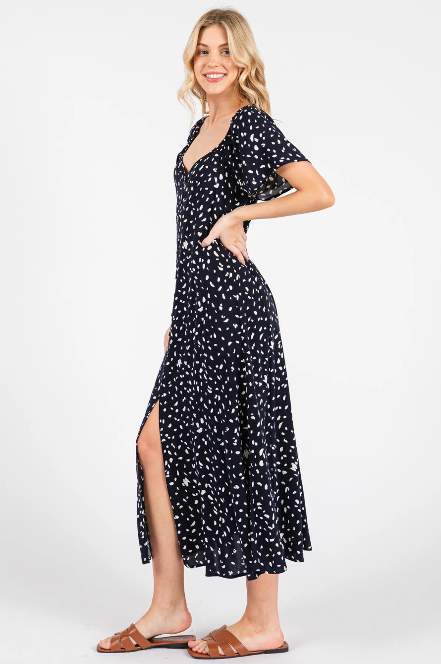Navy Polka Dot Button Midi Dress