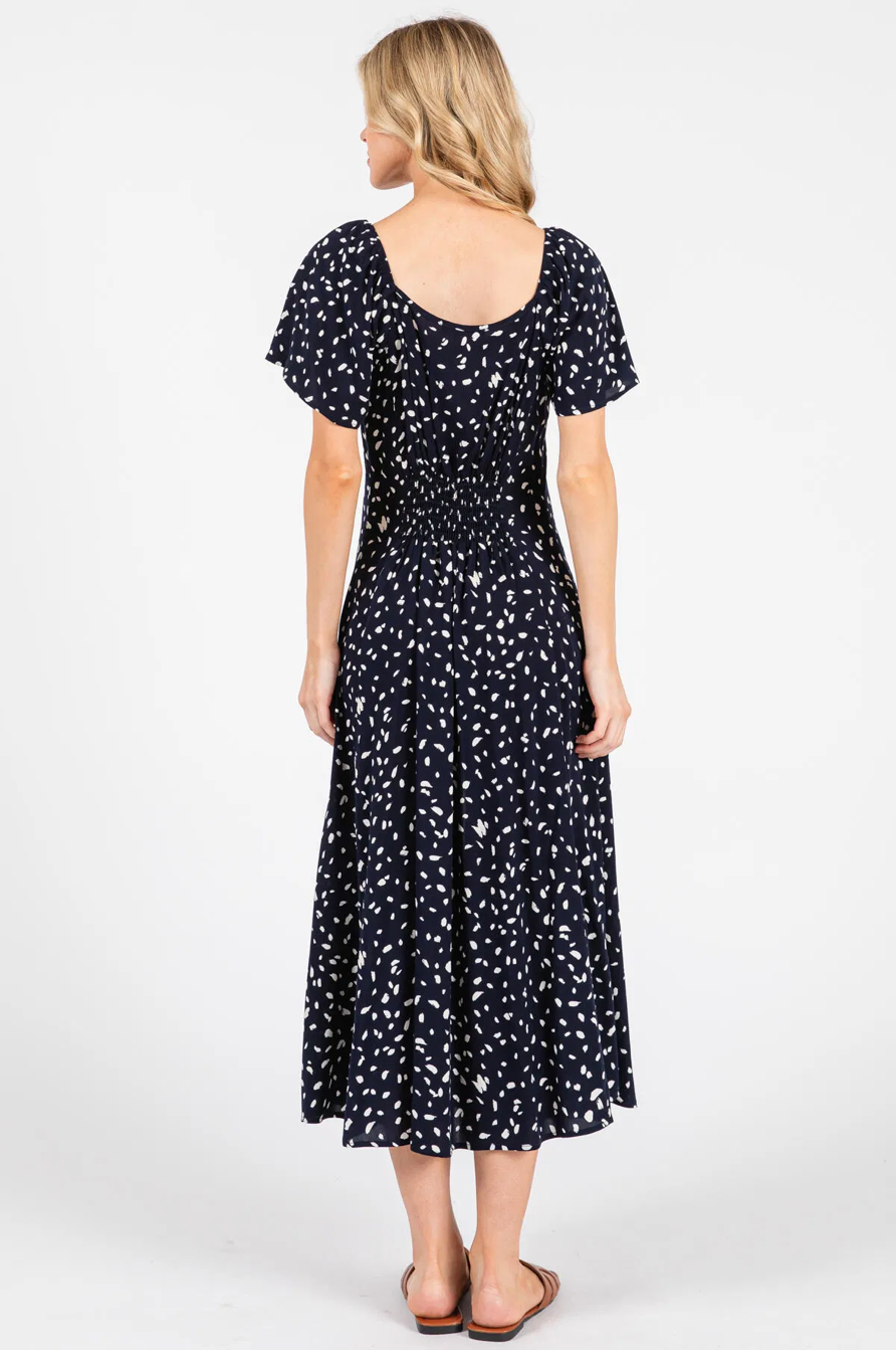 Navy Polka Dot Button Midi Dress