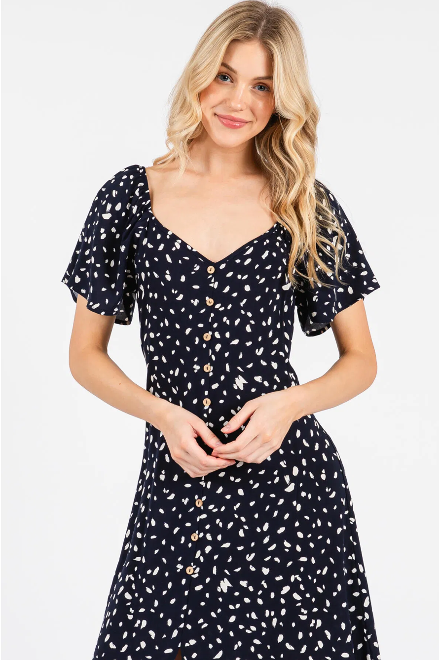 Navy Polka Dot Button Midi Dress
