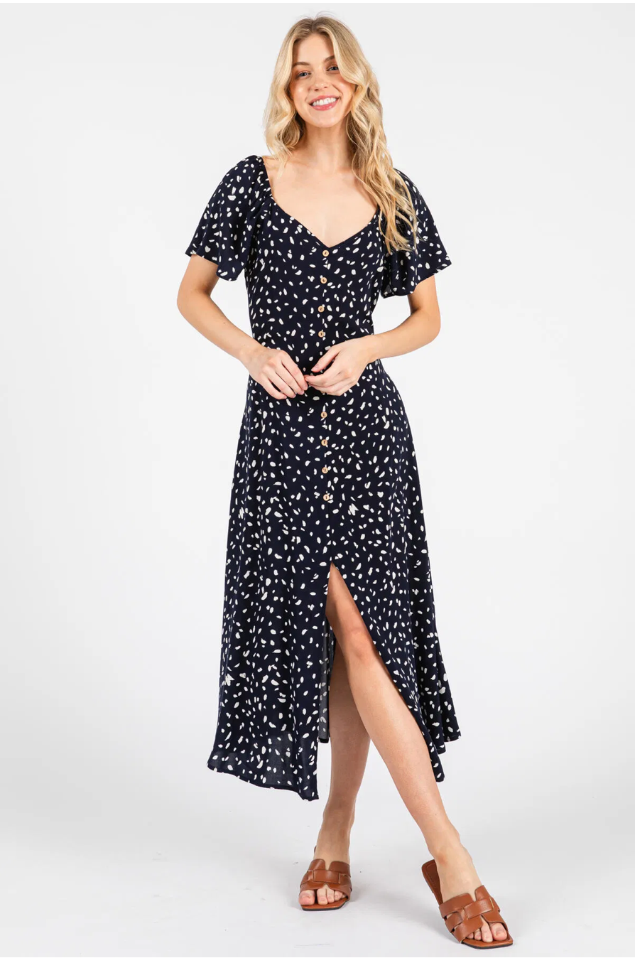 Navy Polka Dot Button Midi Dress