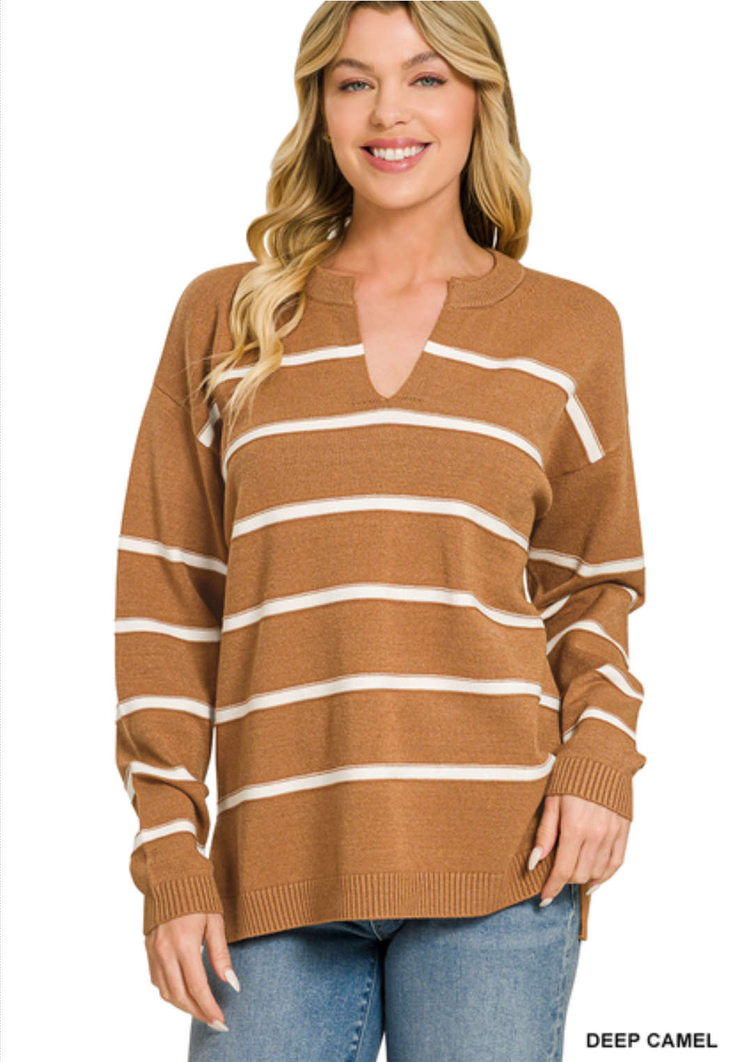 Camel Stripe Notch Neck Sweater