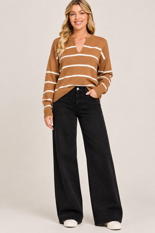Camel Stripe Notch Neck Sweater