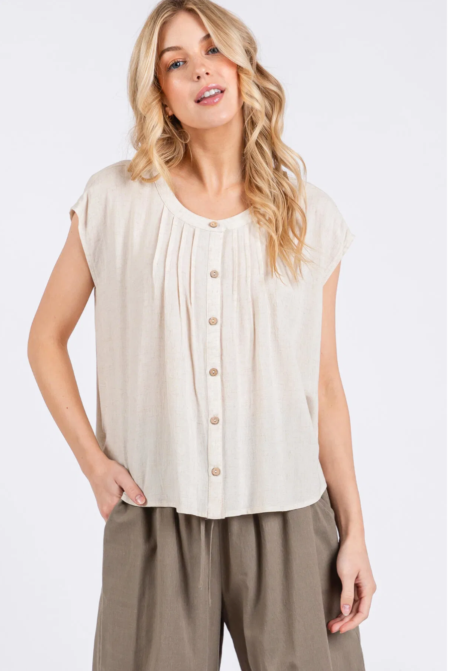 Linen Wood Button Pintuck Top