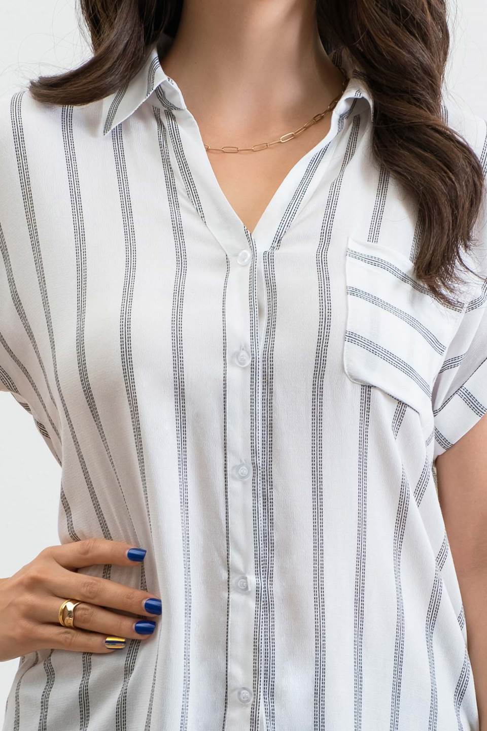 Stripe Tab Sleeve Button Up Top