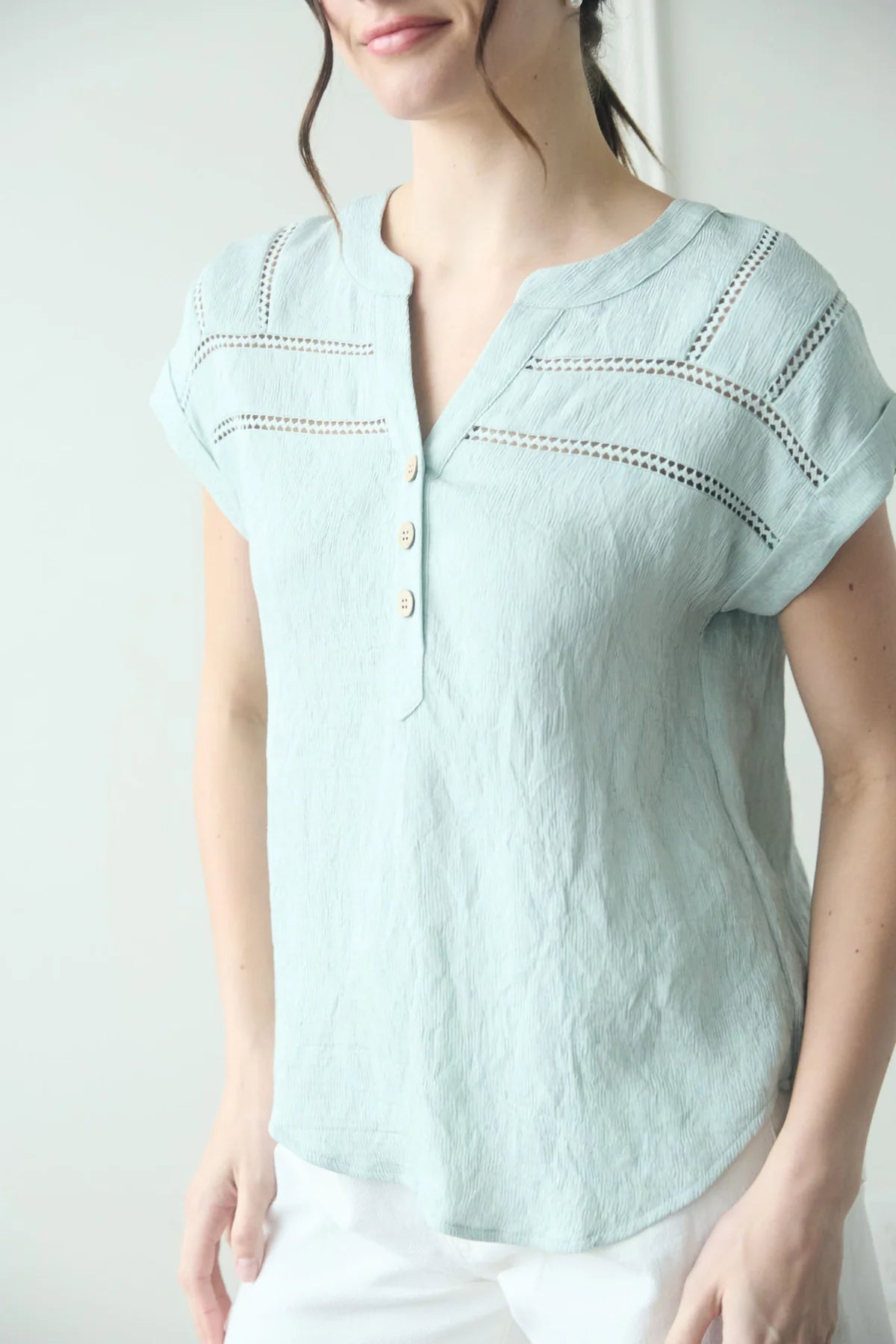 Mint Crochet Detail Button Top