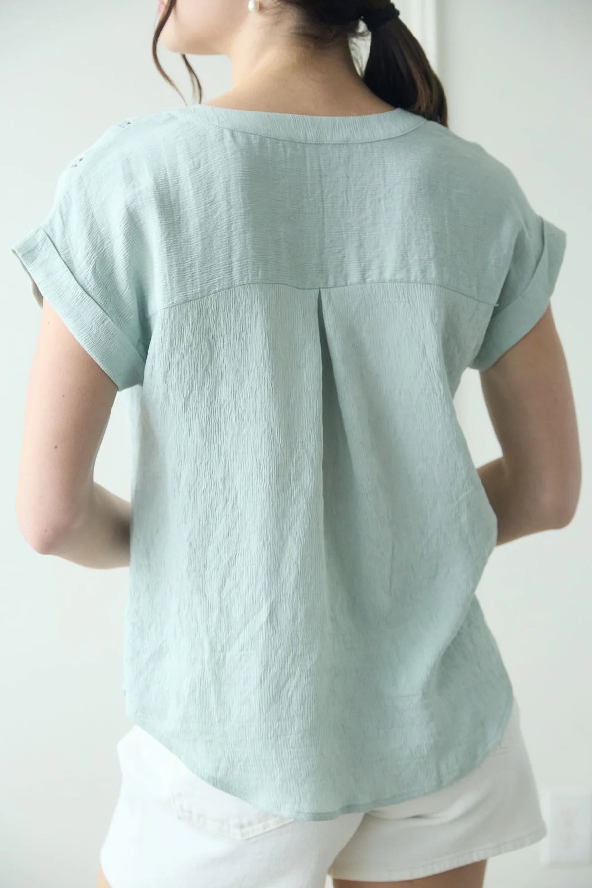 Mint Crochet Detail Button Top