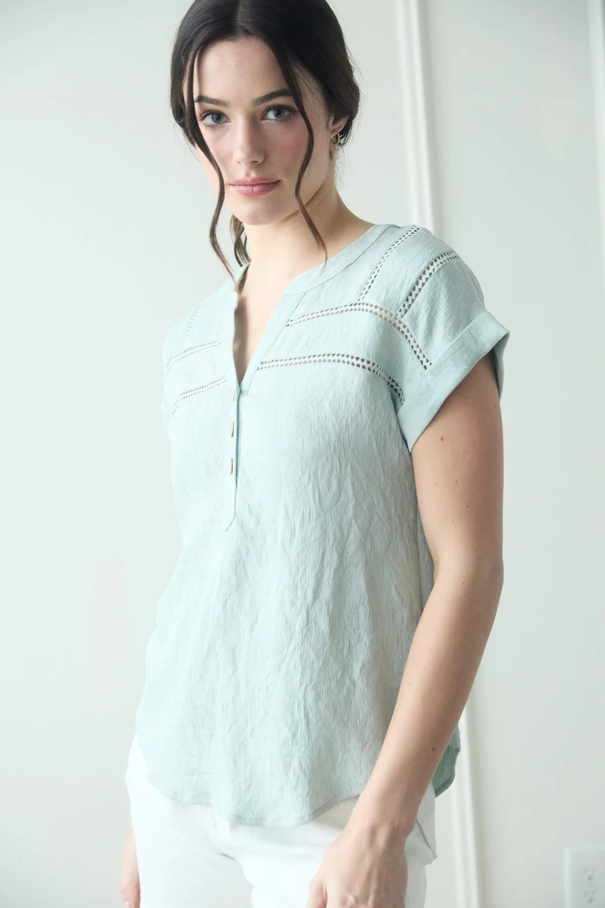 Mint Crochet Detail Button Top