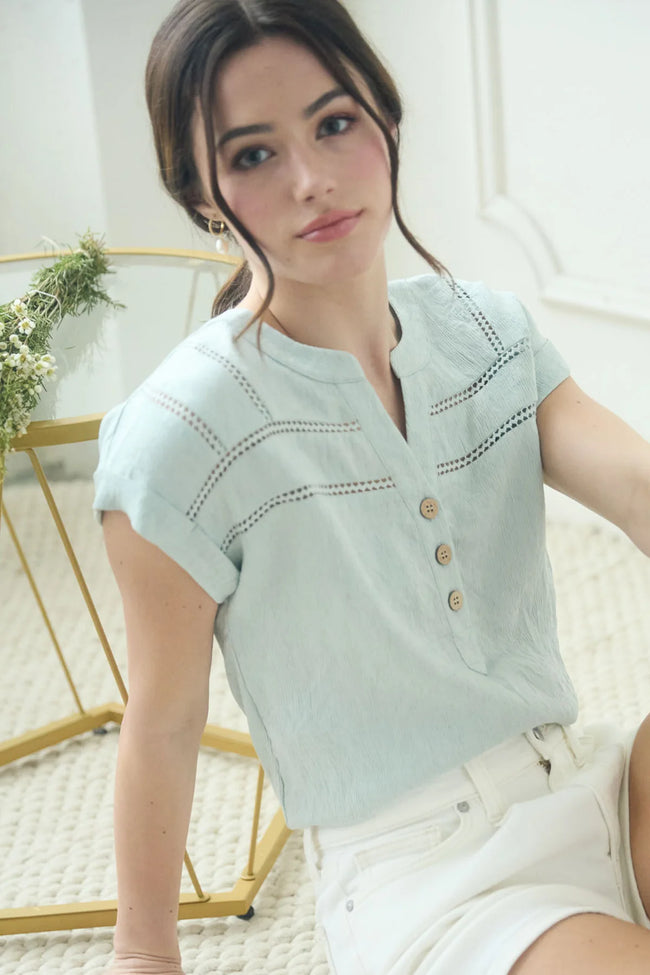 Mint Crochet Detail Button Top