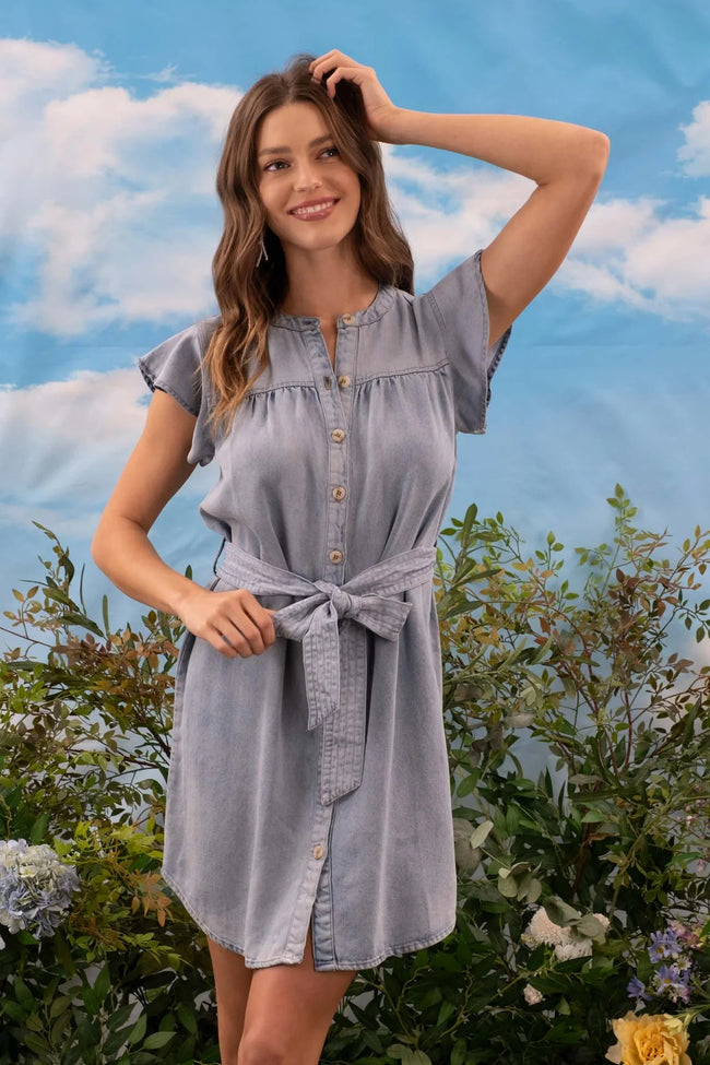 Chambray Denim Belted Dress