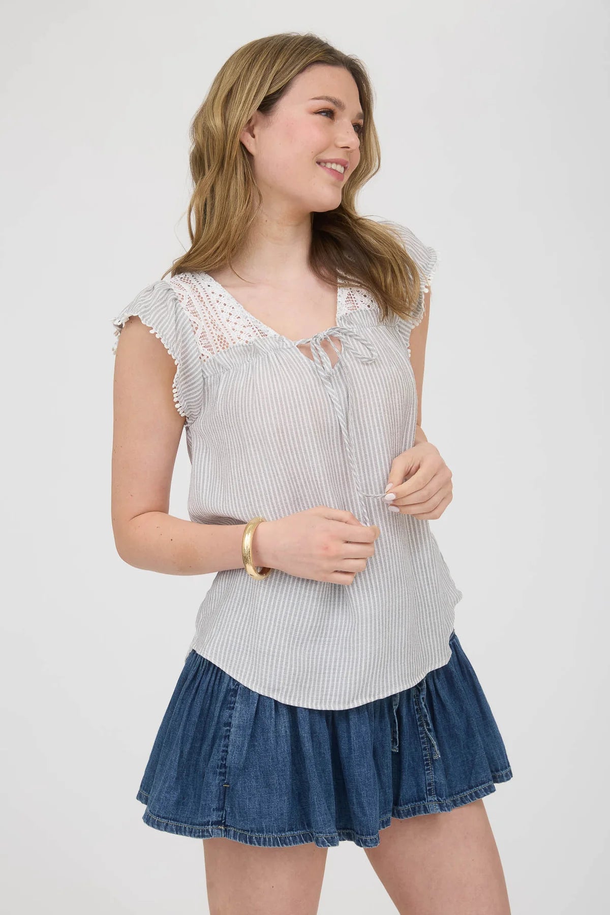 Stripe Lace Tie Blouse