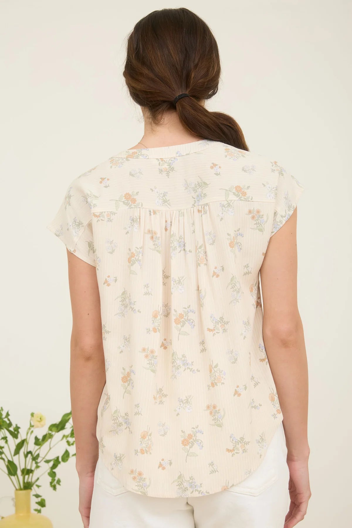 Cream Floral Wood Button Blouse