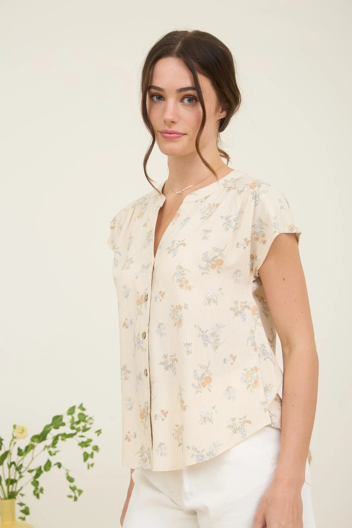 Cream Floral Wood Button Blouse