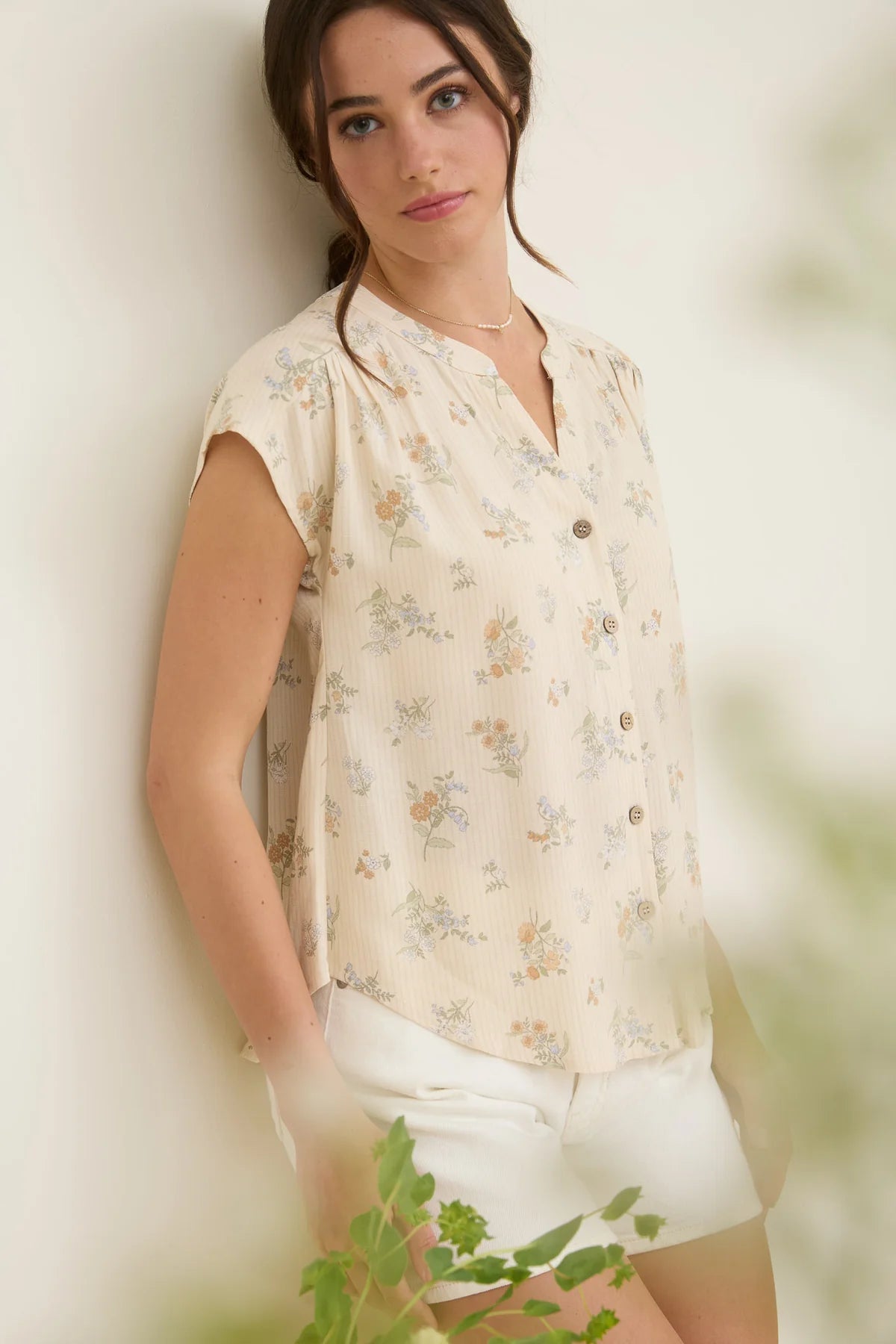 Cream Floral Wood Button Blouse