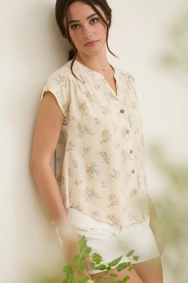 Cream Floral Wood Button Blouse