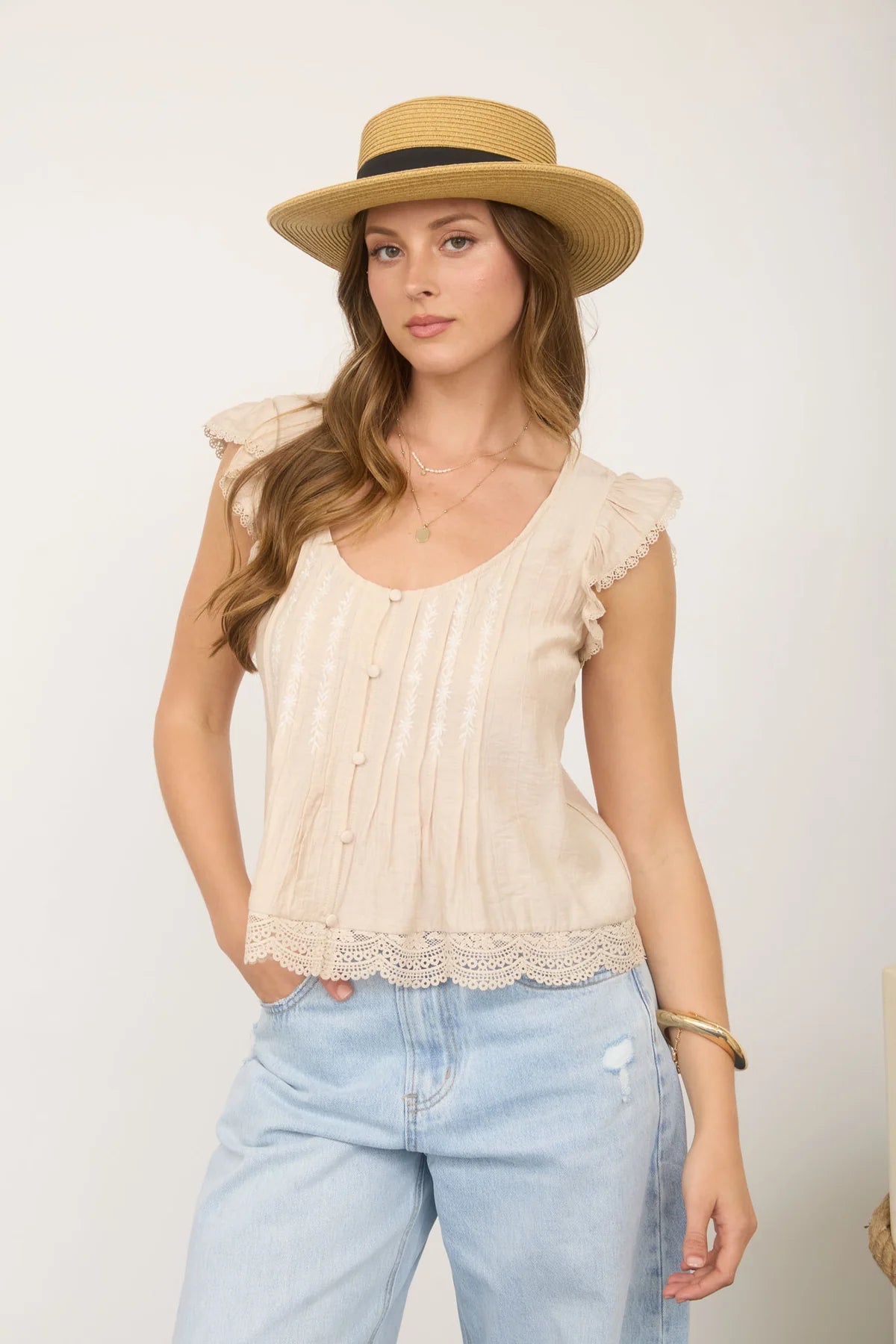 Embroidered Pintuck Blouse