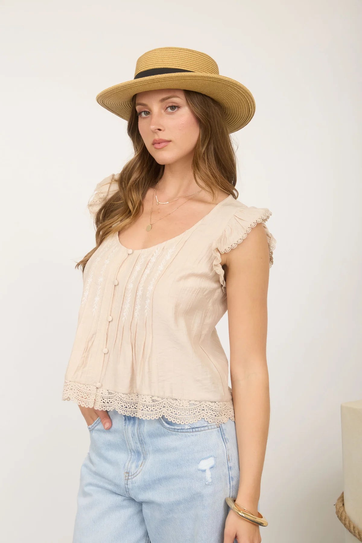Embroidered Pintuck Blouse