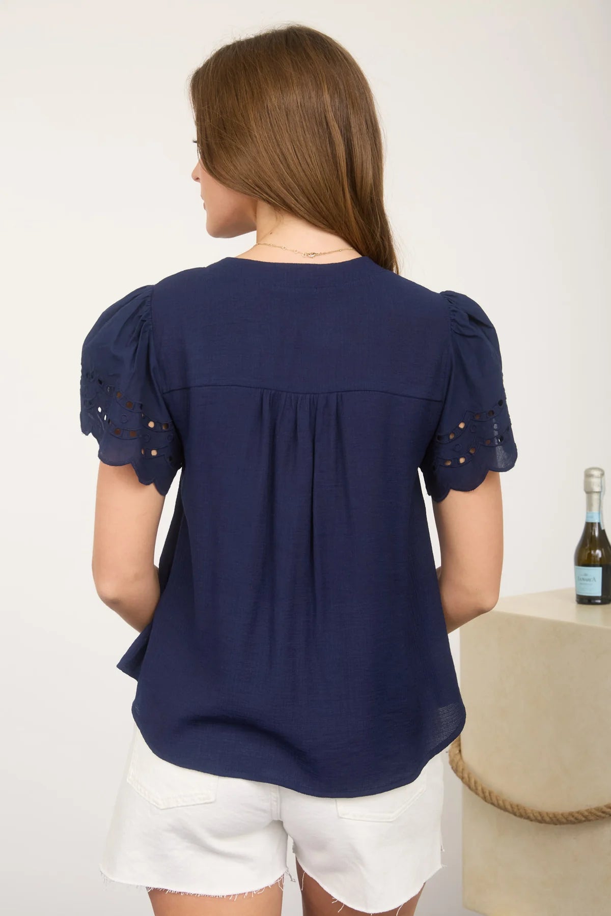 Eyelet Lace Sleeve Button Blouse