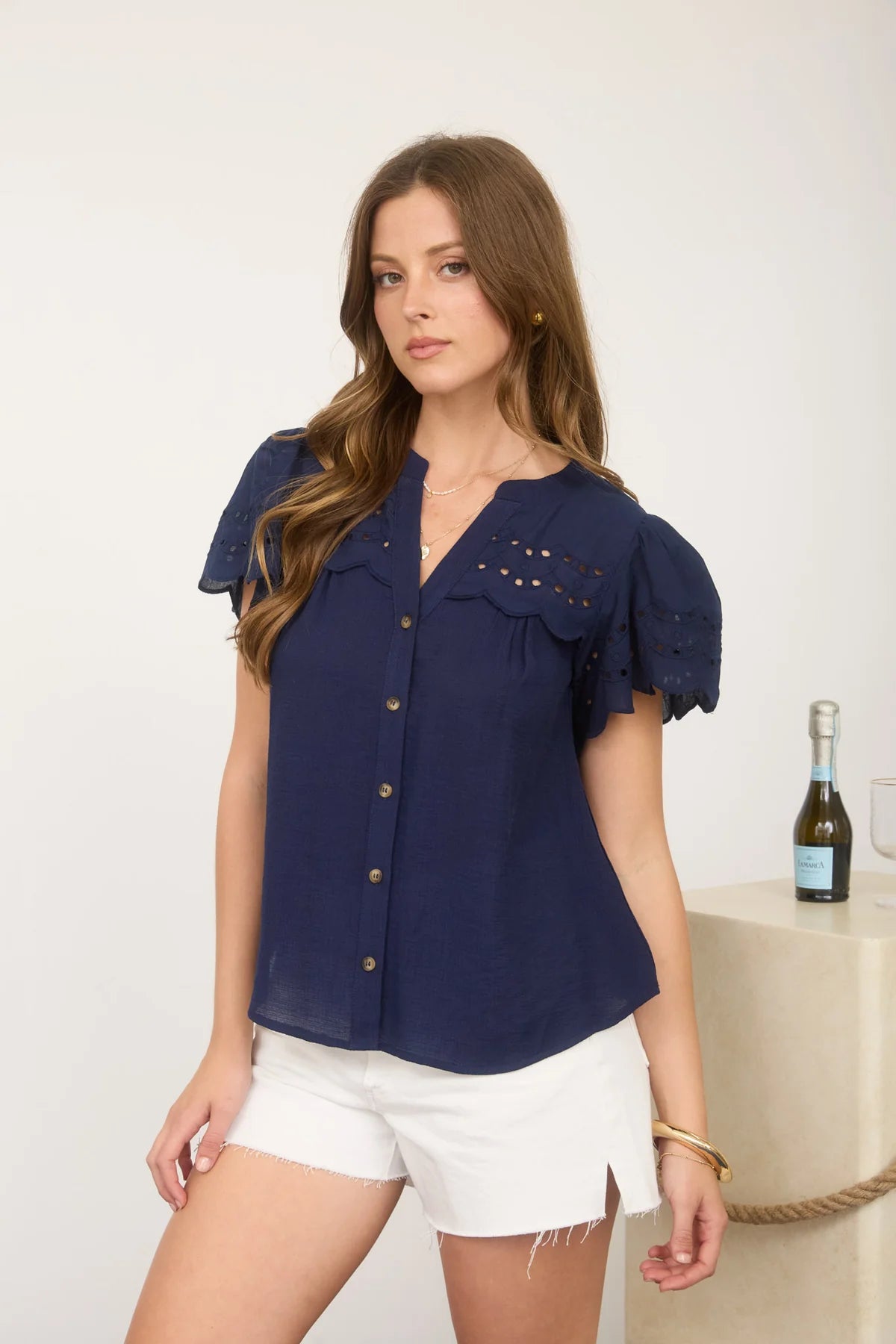 Eyelet Lace Sleeve Button Blouse
