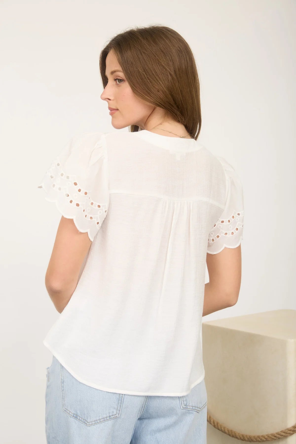 Eyelet Lace Sleeve Button Blouse