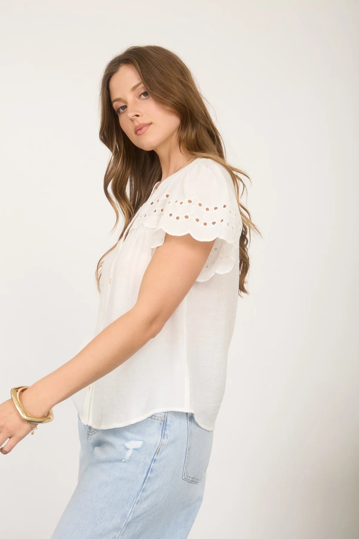 Eyelet Lace Sleeve Button Blouse