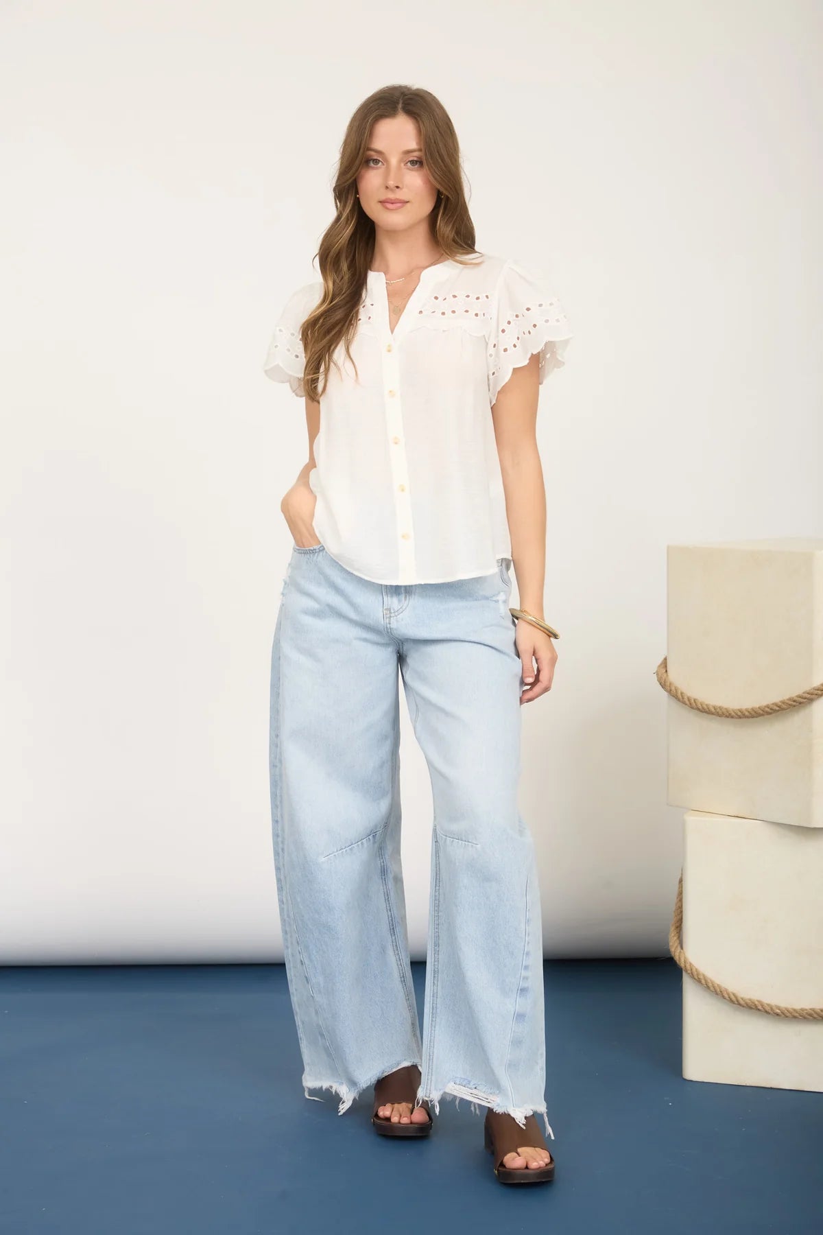 Eyelet Lace Sleeve Button Blouse