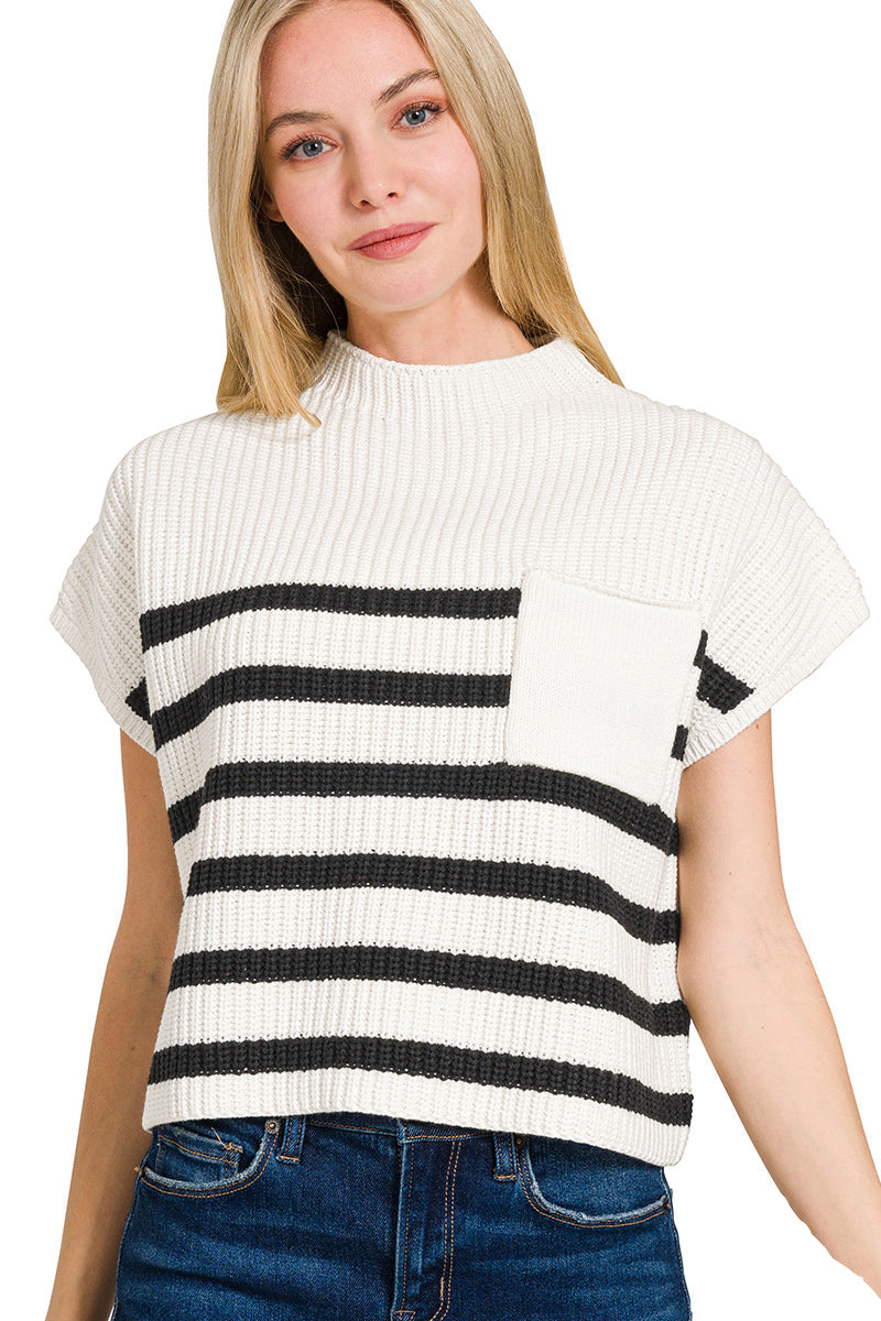 Black Stripe Pocket Sweater Top