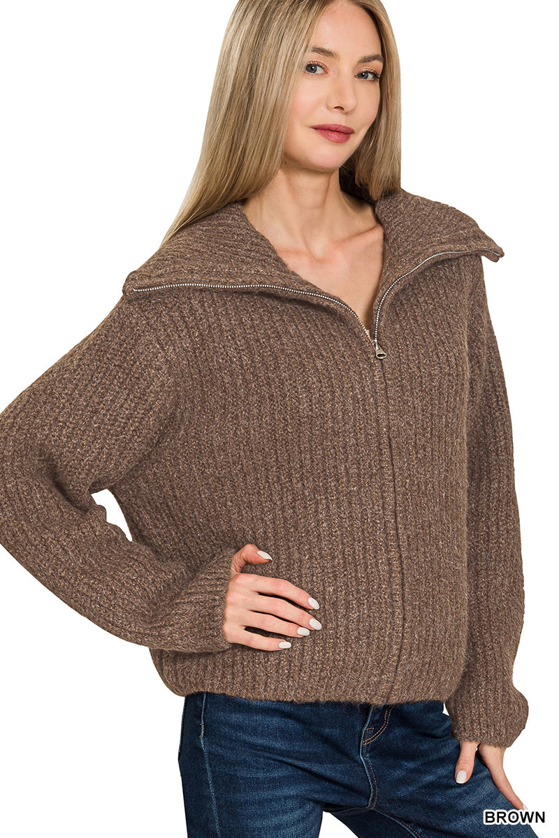 Wide Collar Zipper Sweater Cardi