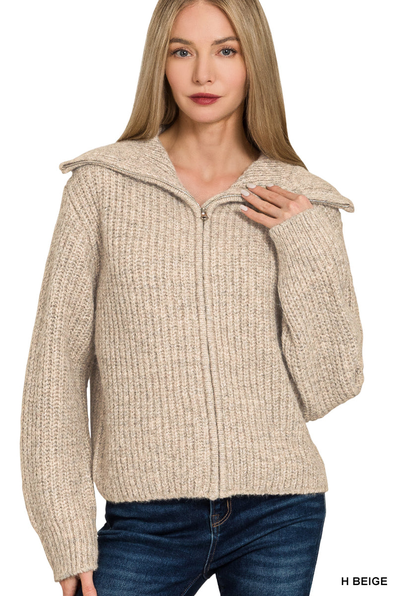 Wide Collar Zipper Sweater Cardi