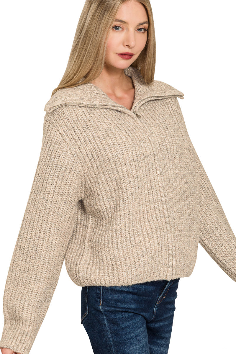 Wide Collar Zipper Sweater Cardi