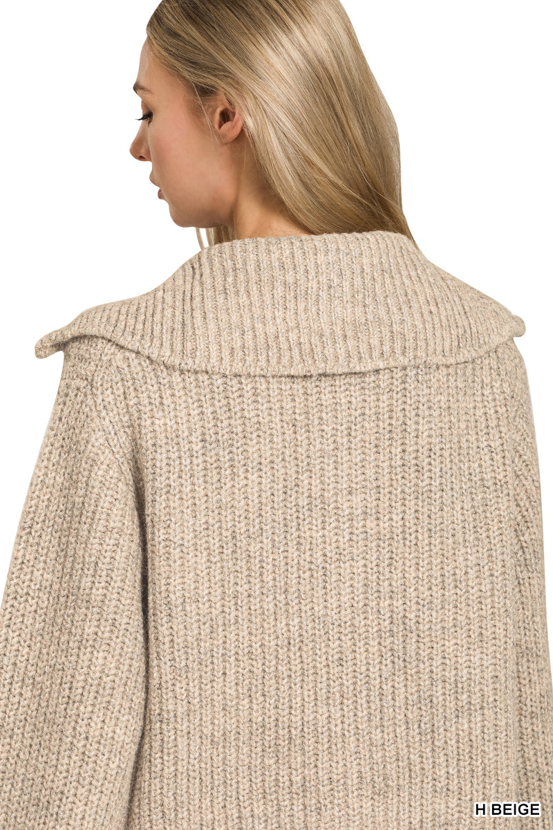 Wide Collar Zipper Sweater Cardi