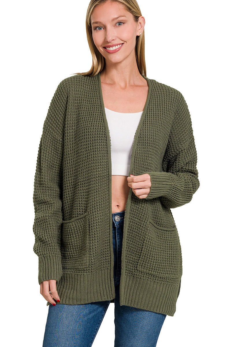 Olive Waffle Pocket Cardigan (Lyn)