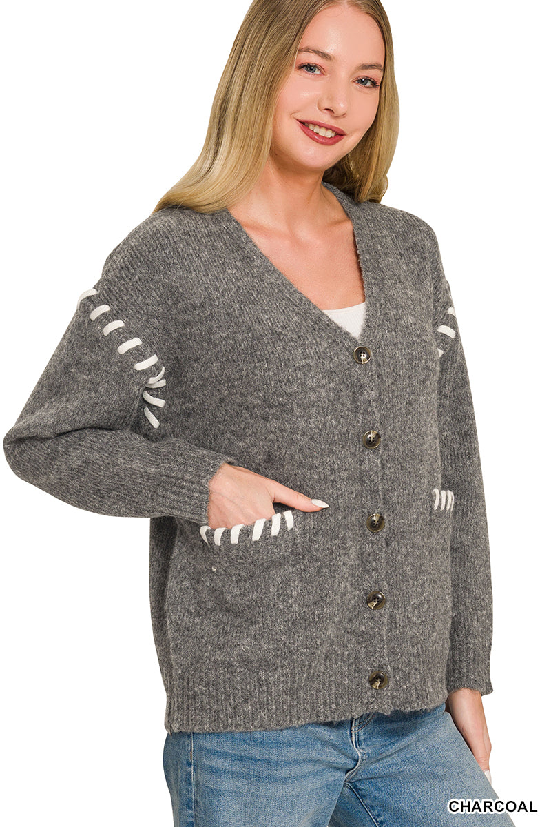 Contrast Stitch Button Cardi