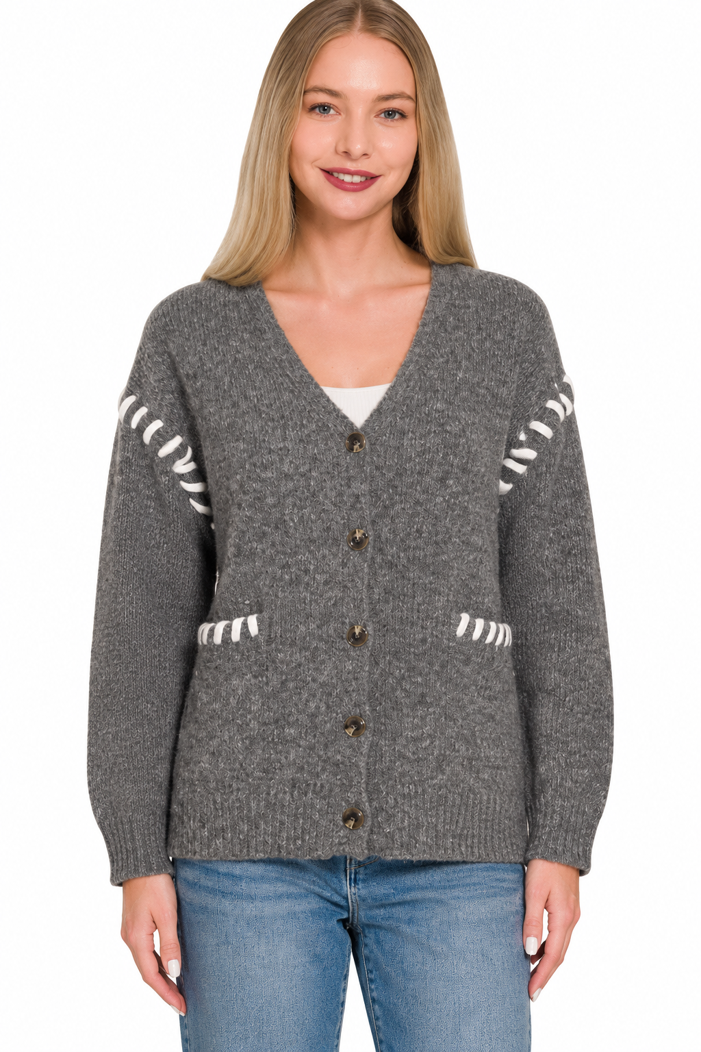 Contrast Stitch Button Cardi