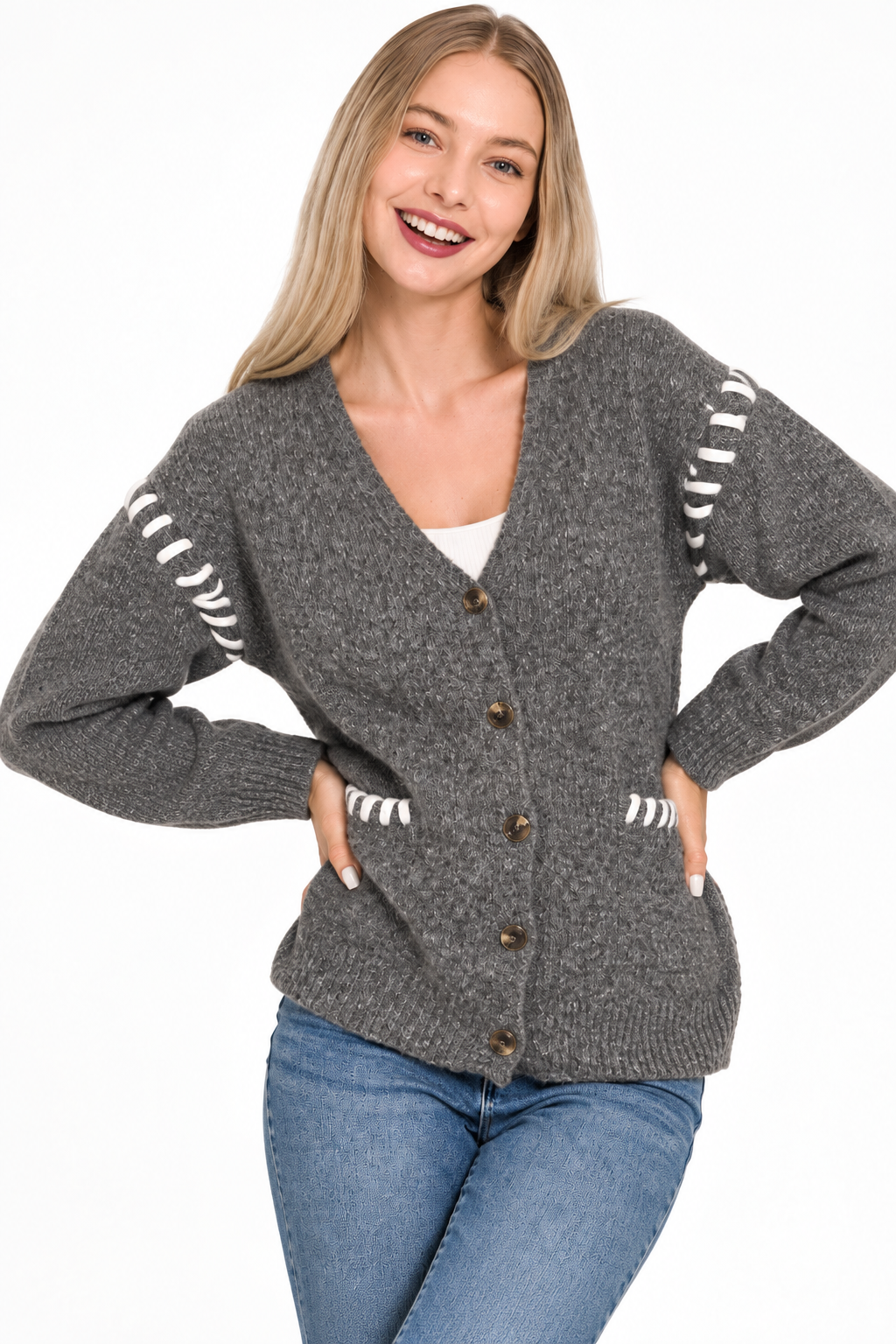 Contrast Stitch Button Cardi
