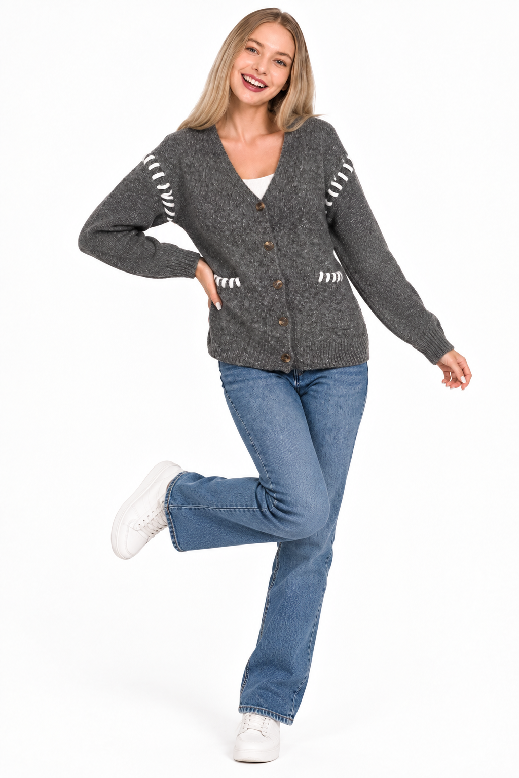 Contrast Stitch Button Cardi