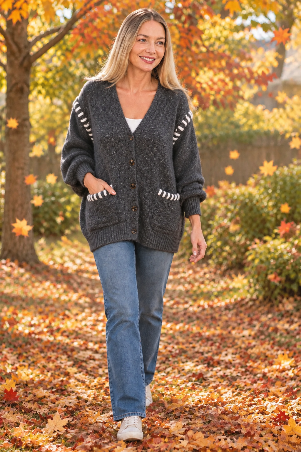Contrast Stitch Button Cardi