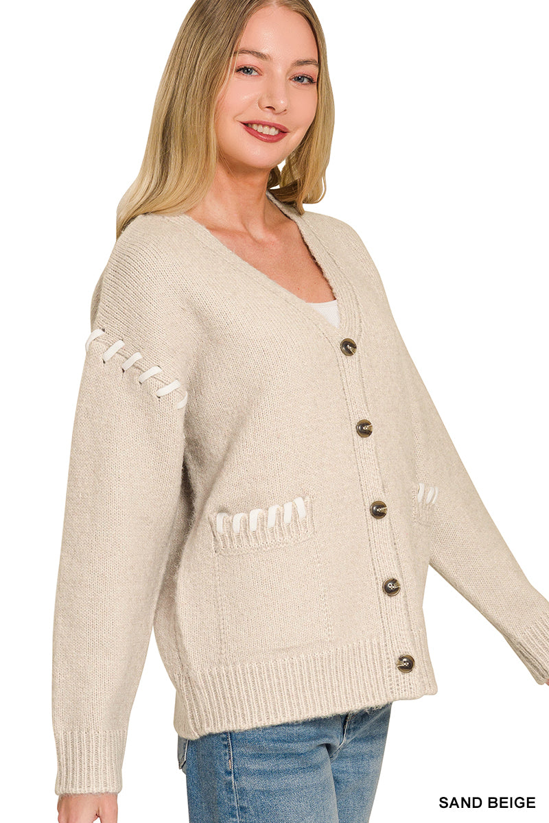 Contrast Stitch Button Cardi