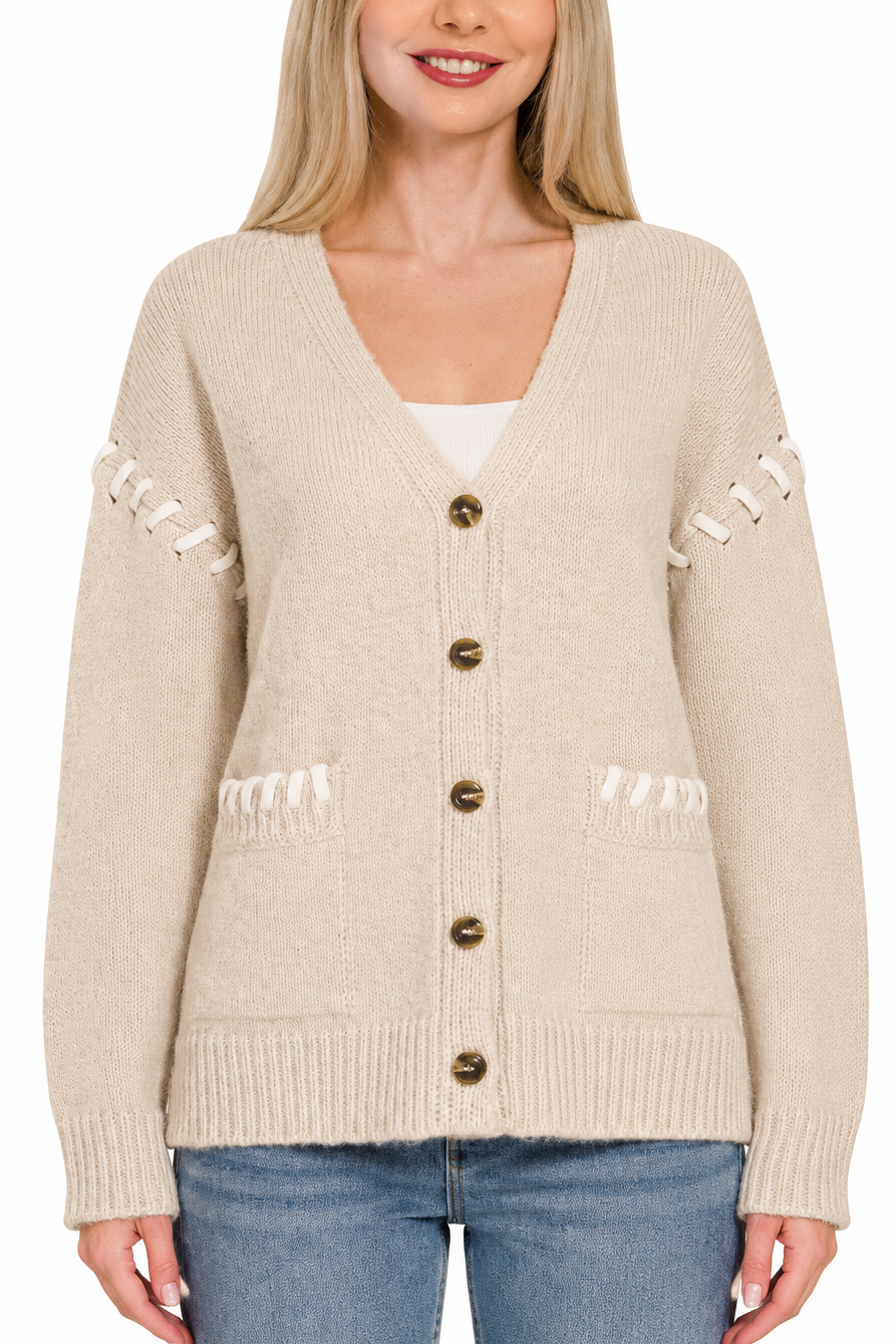 Contrast Stitch Button Cardi
