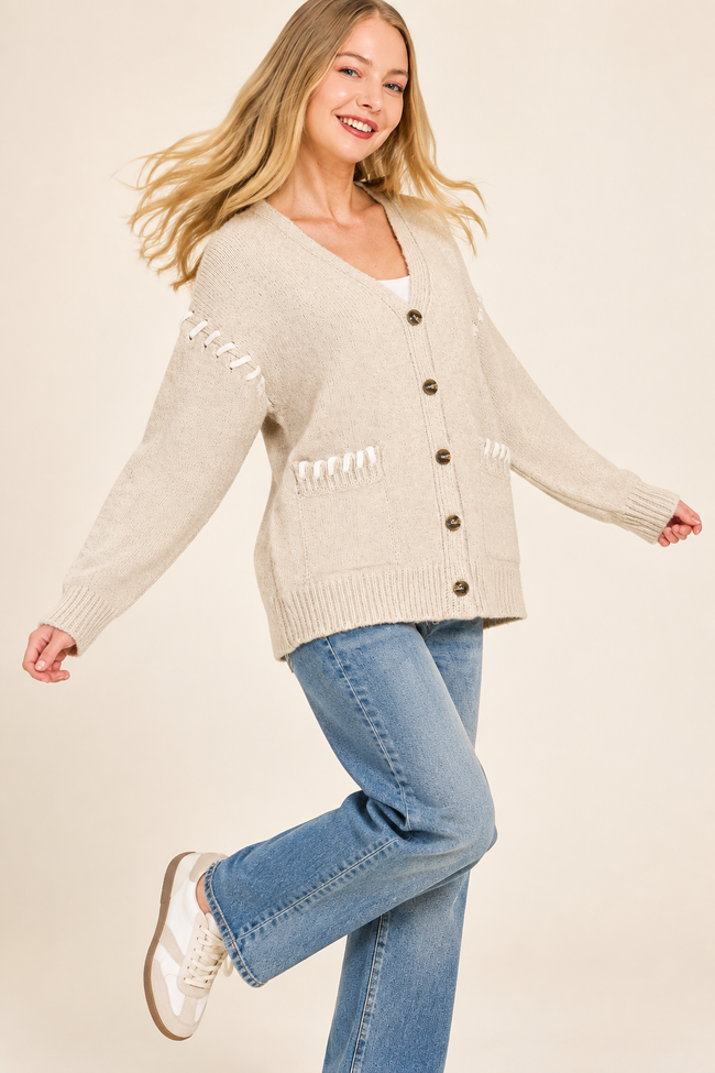 Contrast Stitch Button Cardi