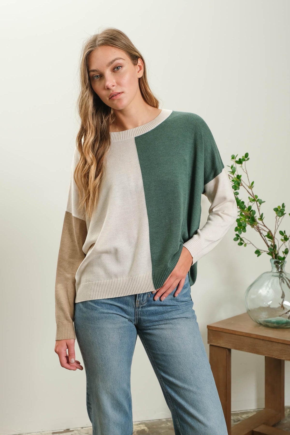 Olive Mixed Color Block Sweater