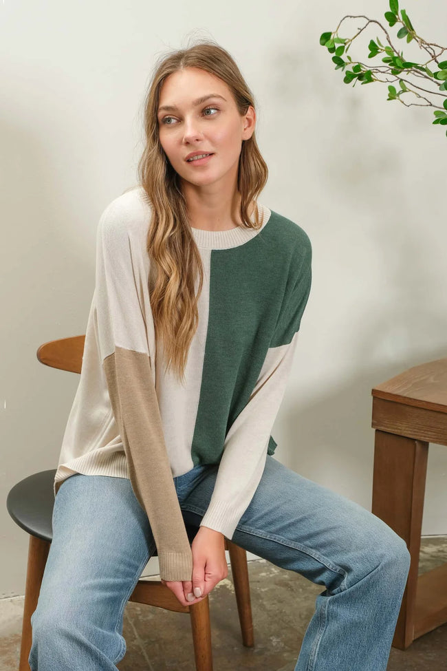 Olive Mixed Color Block Sweater